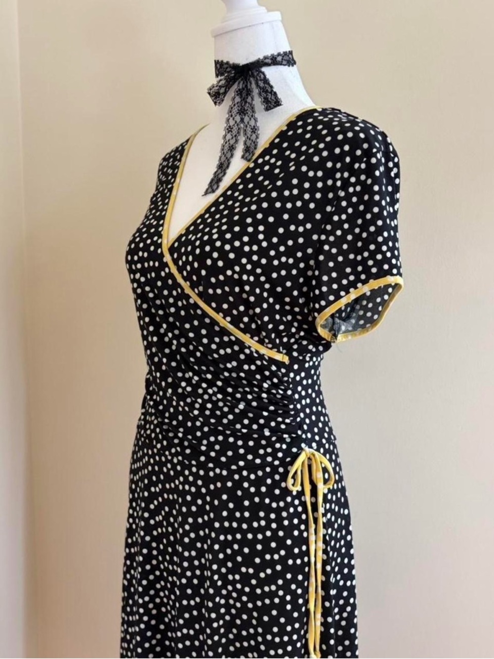 Vintage Y2K coquette polka dot cinch tie midi dress black white yellow retro 10P